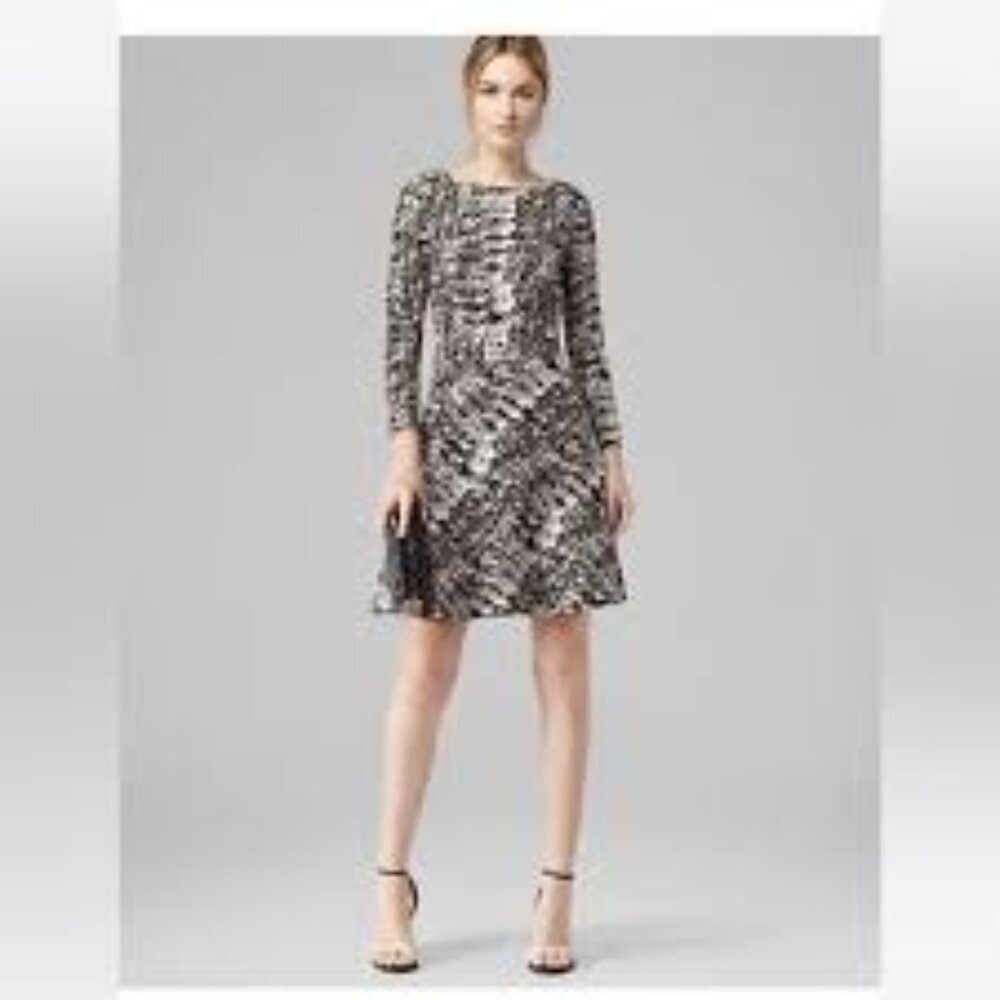 ✅ REISS Heidi Snake Print Flared‎ Dress BLACK/CREAM SIZE 4 LONG SLEEVE